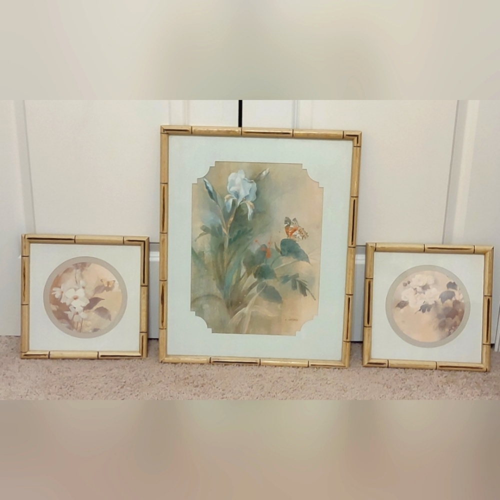 Vintage 1970's  L. Gaydos Iris and Butterfly 3-pc Framed Prints